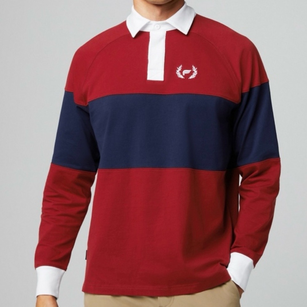 Fabletics Men’s Red Blue Stripe L/S R&R Paneled Rugby Shirt Tee Size Large